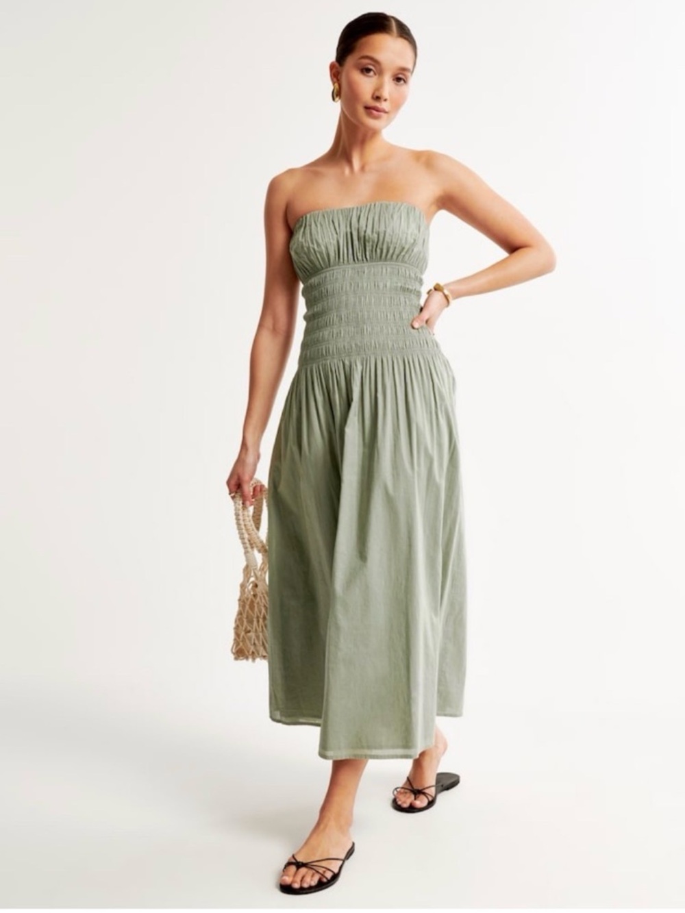 Abercrombie & Fitch Sage Green Smocked Strapless Midi Dress | Cotton Summer Dres
